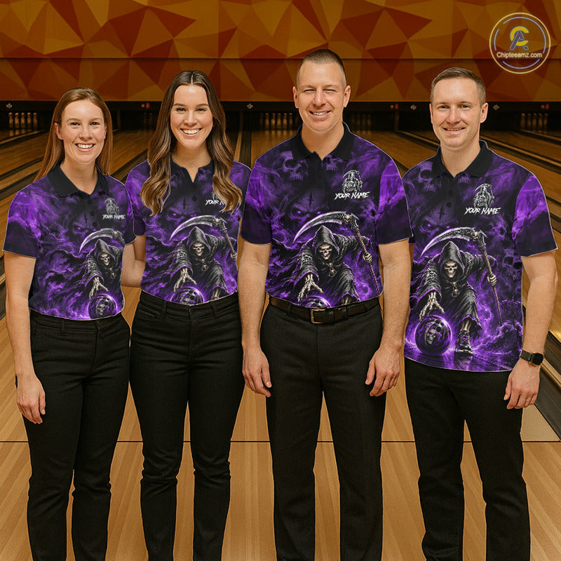 Bowling team wearing matching Grim Reaper jerseys featuring personalized names, Halloween tournament apparel, gothic sportswear, biker-inspired uniforms, teamwork, fearless competition, championship spirit.