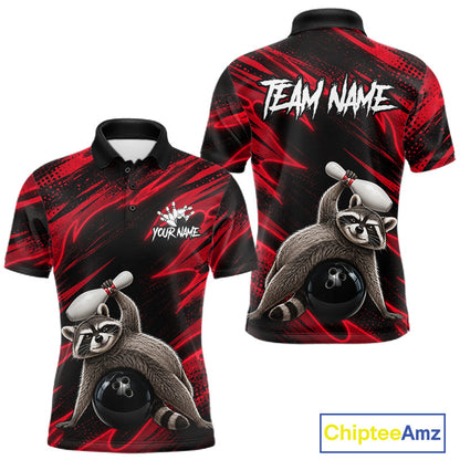 Neon Red Funny Raccoon Bowling Polo featuring personalized player name, neon red graphics, breathable bowling apparel, fun mascot jersey, custom league sportswear.