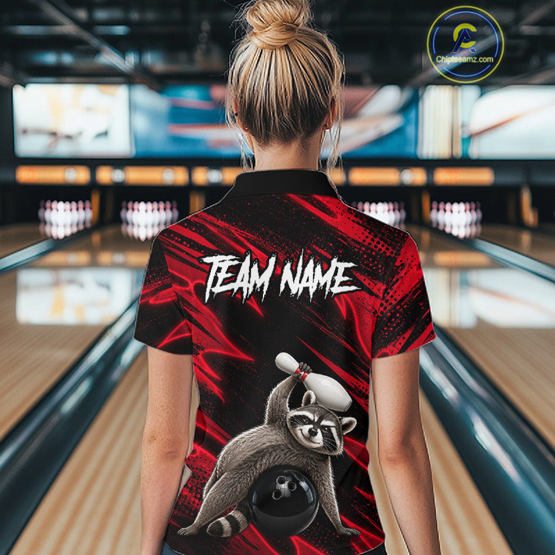 Female bowler wearing Neon Red Funny Raccoon bowling jersey representing fun, creativity, confidence, esports-inspired fashion, personalized bowling apparel.