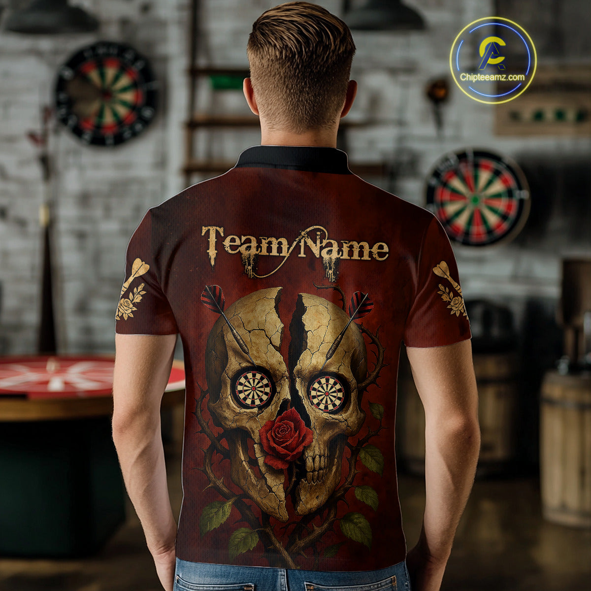 Custom Red Roses Cracked Skull Halloween Dart Polo Shirt For Men Grunge Dart Team Jersey NYN1475
