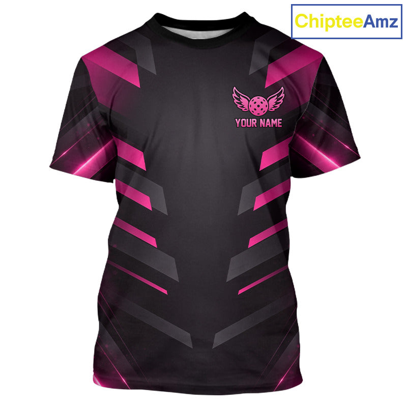 Custom Pink And Black Pickleball T-Shirt For Men, Lightning Pickleball Tournament Shirt NYN3855