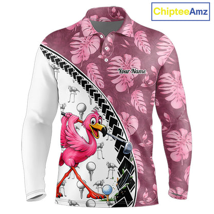 Golfing Flamingo Mens Golf Polo Shirt Custom Pink Pattern Monstera Golf Ball Clothes Shirts NYN2910
