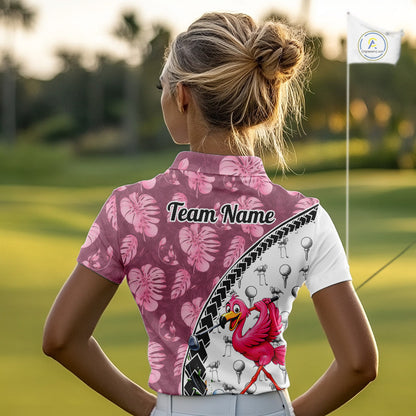 Golfing Flamingo Womens Golf Polo Shirt Custom Pink Pattern Monstera Golf Ball Clothes Shirts NYN2910