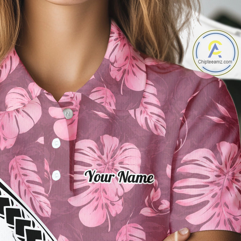 Golfing Flamingo Womens Golf Polo Shirt Custom Pink Pattern Monstera Golf Ball Clothes Shirts NYN2910