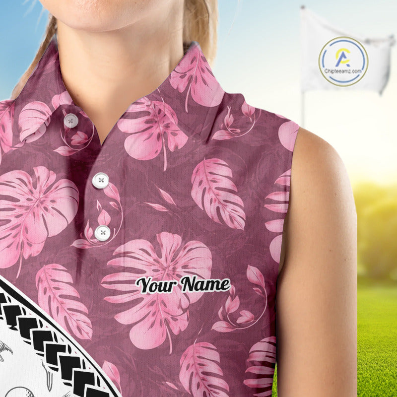 Golfing Flamingo Womens Sleeveless Golf Polo Shirt Custom Pink Pattern Monstera Golf Clothes Shirts NYN2910