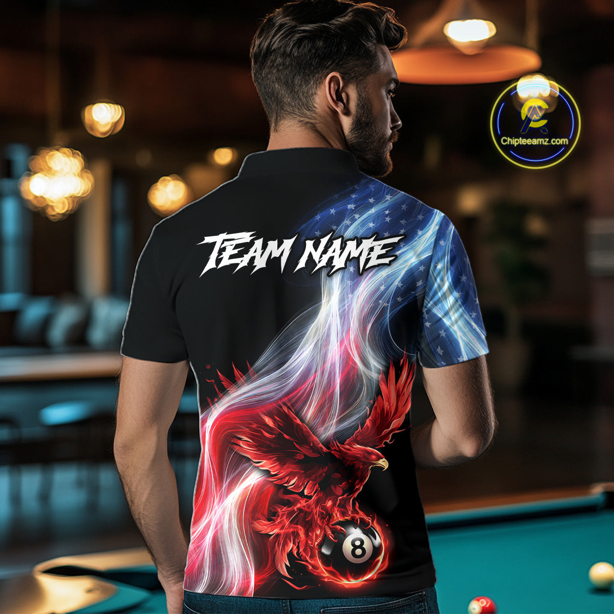 Red Flames Eagle Pool 8 Ball Men's Billiard Shirt Custom US Flag Smoke Billiard League Attire NYN2547