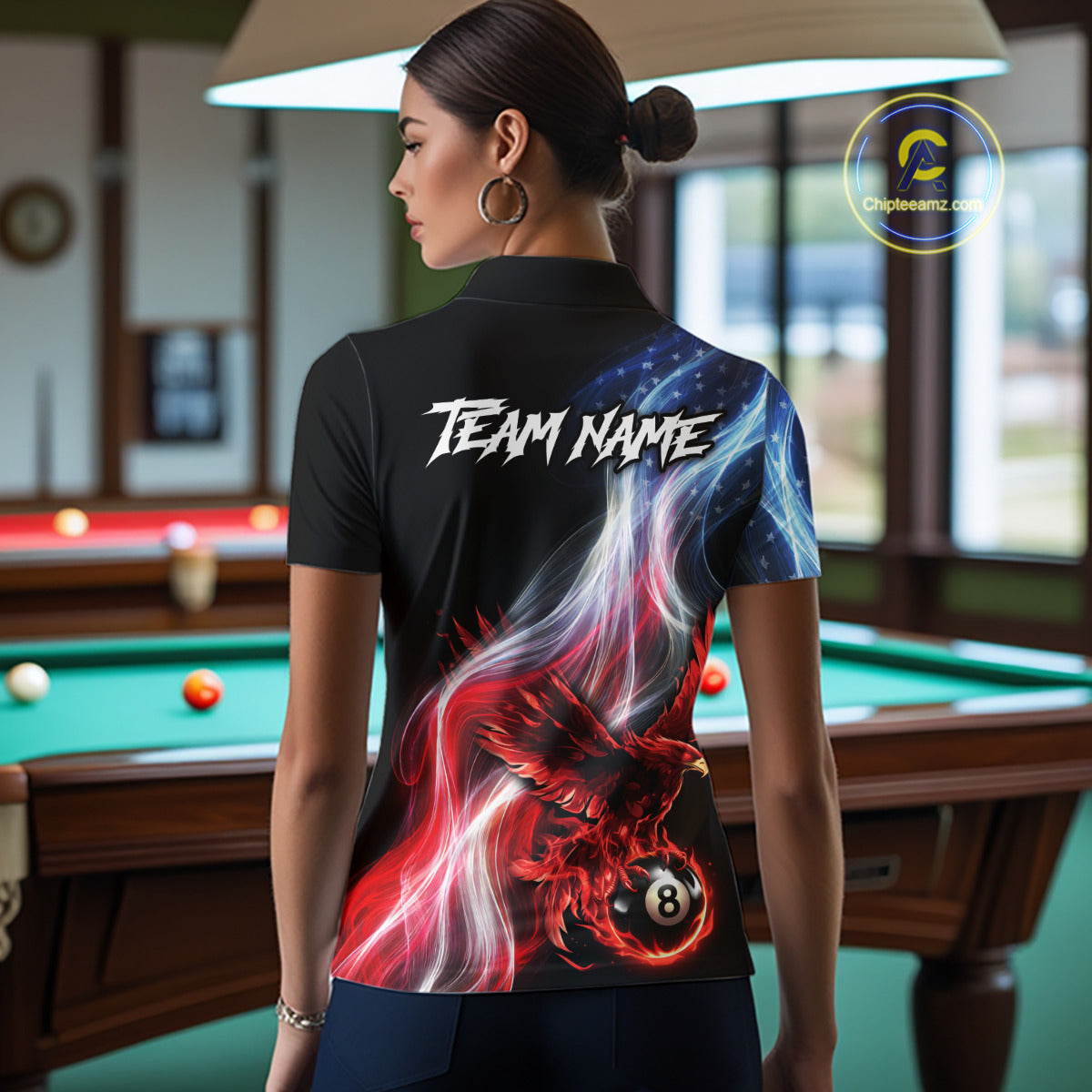 Red Flames Eagle Pool 8 Ball Women's Billiard Shirt Custom US Flag Smoke Billiard League Attire NYN2547