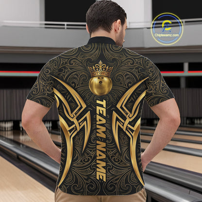 Black And Gold Crown Bowling Ball Polo & 1/4-Zip Shirts For Men Custom Tribal Bowling Team Jerseys NYN3124