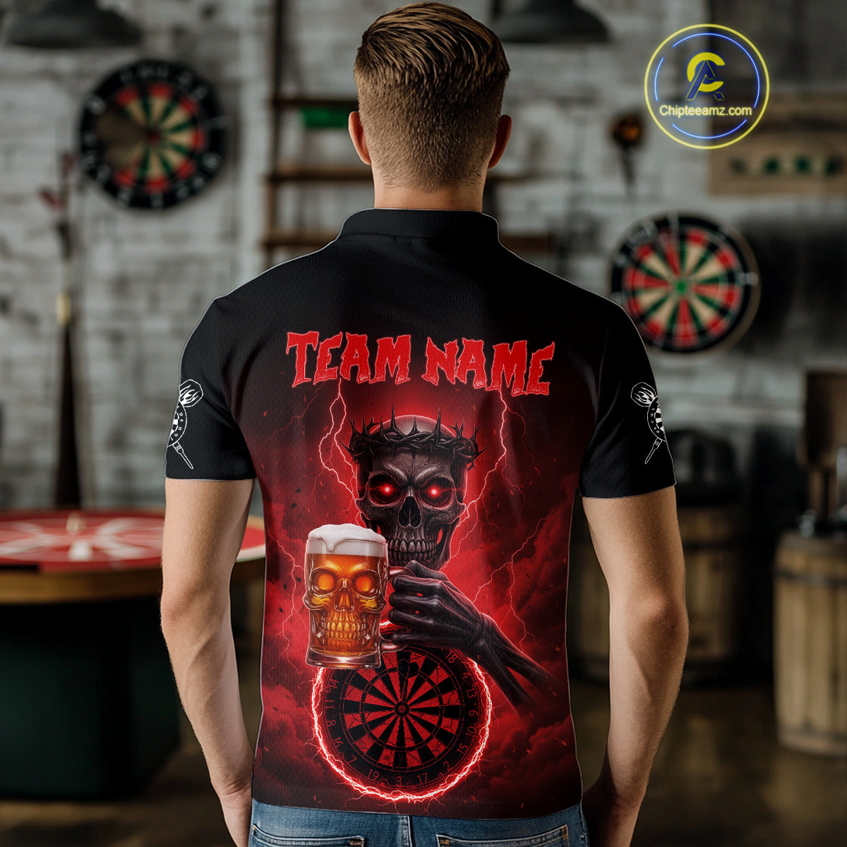 Custom Funny Skull And Beer Lightning Red Dartboard Dart Men Polo Jerseys Dart Team Shirts NYN1755