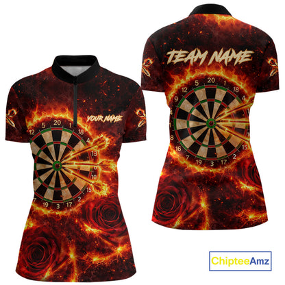 Red Flaming Roses Dartboard & Arrow Custom Women Darts Quarter-Zip Shirts Fire Flame Dart Jerseys NYN2264