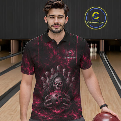 Male model wearing Pink Thunder Grim Reaper bowling polo shirt during league event, custom skull bowling jersey