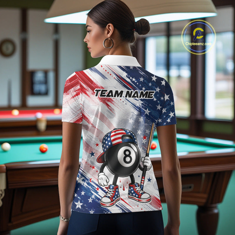 Female billiard player wearing personalized Grunge US Flag Funny 8 Ball pool jersey