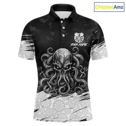 White Black Octopus Dartboard Men's Dart Polo Shirt, Personalized Octopus League Jersey, Athletic Apparel