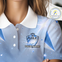 Load image into Gallery viewer, Women Golf Polo Shirt Custom Blue-Diamond Crystal Golf Ball Custom Name Golf Shirts For Team NYN3156