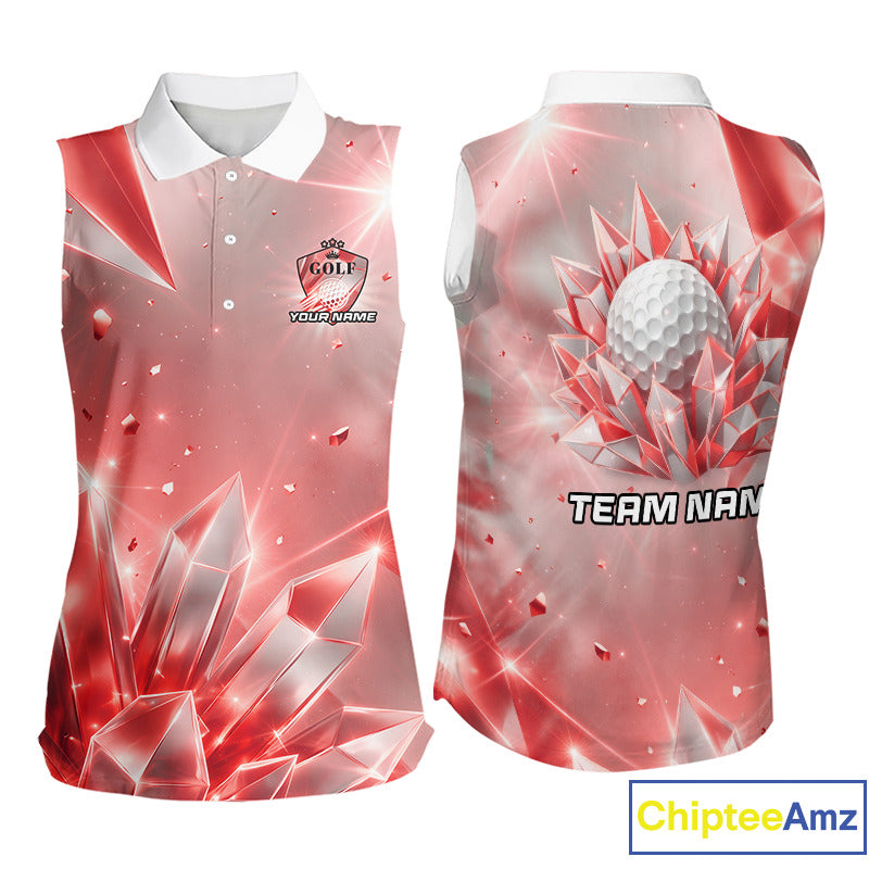 Women Golf Sleeveless Polo Shirt Custom Red-Diamond Crystal Golf Ball Custom Name Golf Shirts For Team NYN3157