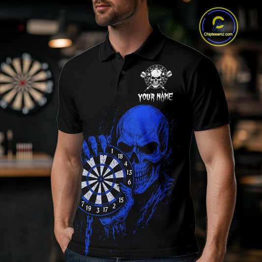 Custom Men's Dart Polo Shirt With Blue Blood Skull Holding Dartboard, Darts Jersey  NYN1795