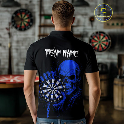 Custom Men's Dart Polo Shirt With Blue Blood Skull Holding Dartboard, Darts Jersey  NYN1795