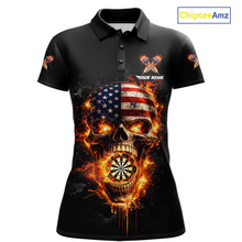 Load image into Gallery viewer, Personalized US Flag Skull Fire Flame Dartboard Women Darts Polo Shirt Custom Darts Team Jersey NYN2585