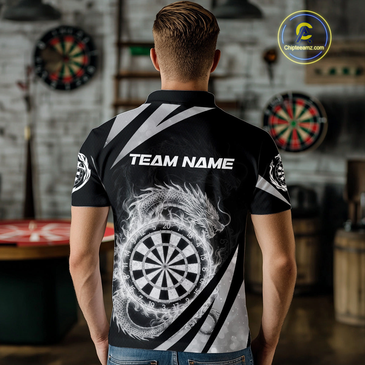 Silver Flames Dragon Dartboard Men Darts Polo Shirt Custom Dragon Team Dart League Shirt NYN2069