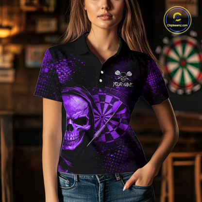 Purple Grunge Skull Dartboard & Arrow Women Darts Polo Shirt Personalized Darts Team Jerseys NYN2596