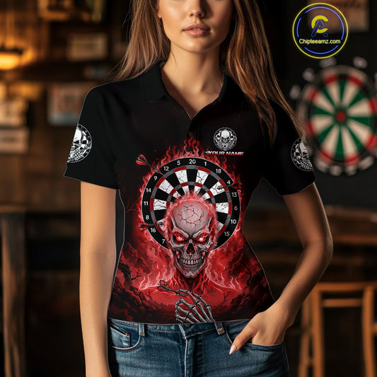 Black Red Flaming Skeleton Darts Custom Women's Dart Polo Shirts Team Dart League Jerseys NYN2075