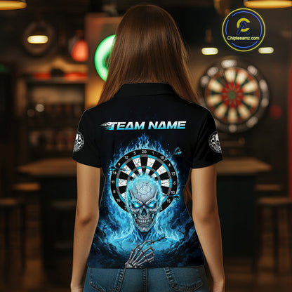 Black Blue Flaming Skeleton Darts Custom Women's Dart Polo Shirts Team Dart League Jerseys NYN2073