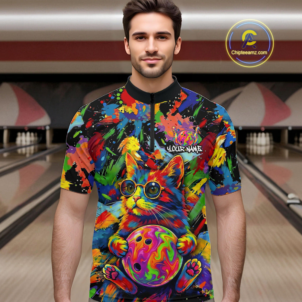Funny Cat Colorful Paint Bowling Team Jerseys For Men Custom Splatter Bowling Polo 1/4-Zip Shirt NYN3167