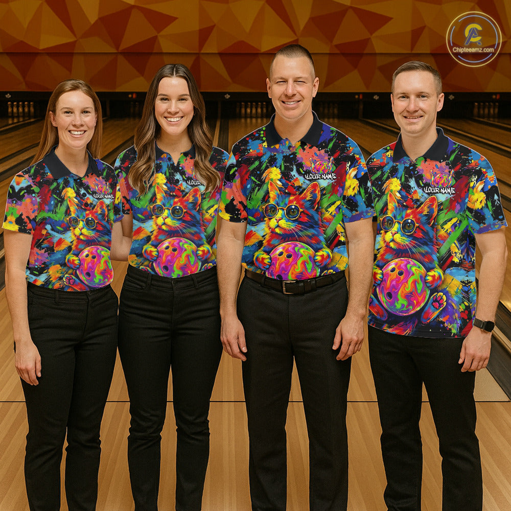 Funny Cat Colorful Paint Bowling Team Jerseys For Women Custom Splatter Bowling Polo 1/4-Zip Shirt NYN3167