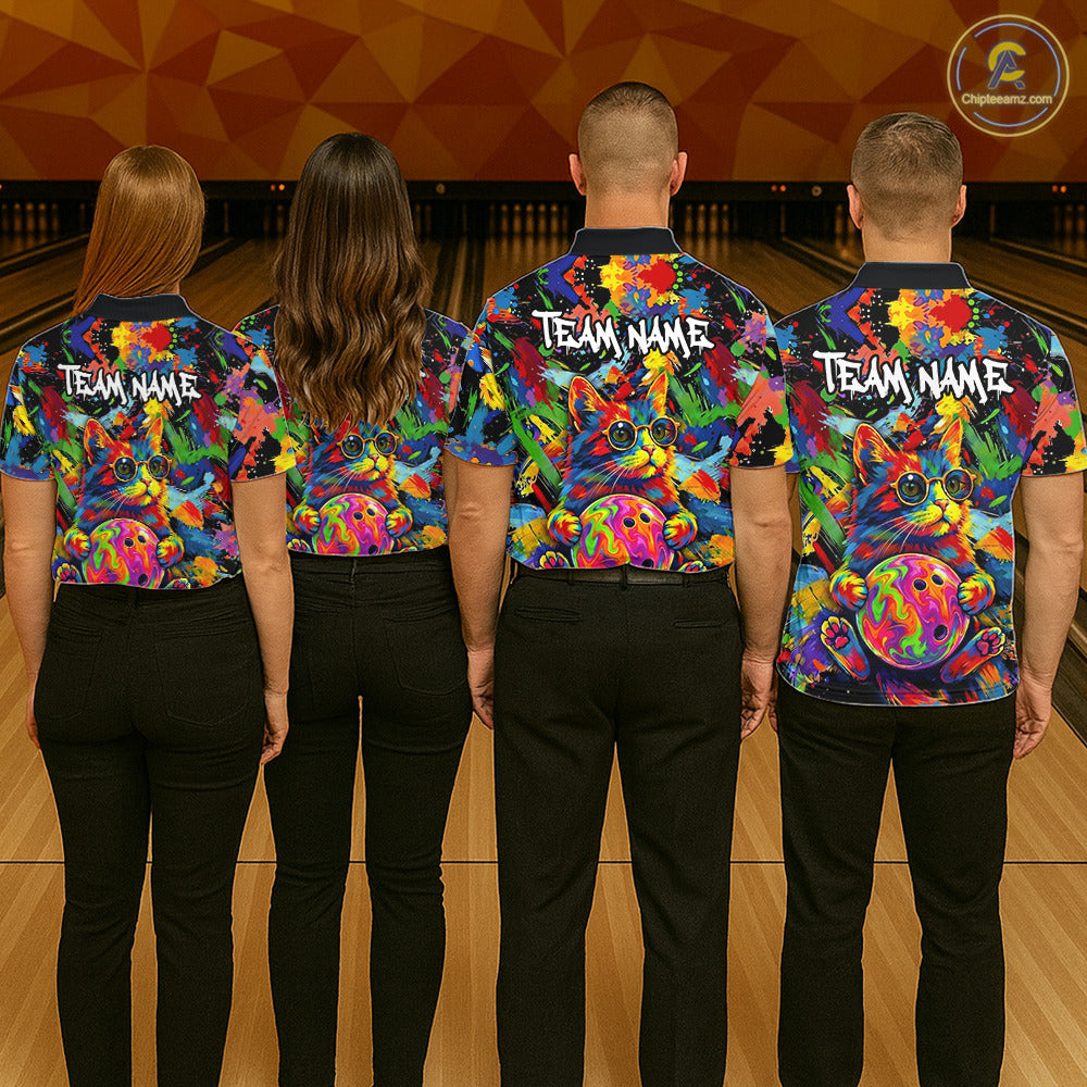 Funny Cat Colorful Paint Bowling Team Jerseys For Women Custom Splatter Bowling Polo 1/4-Zip Shirt NYN3167