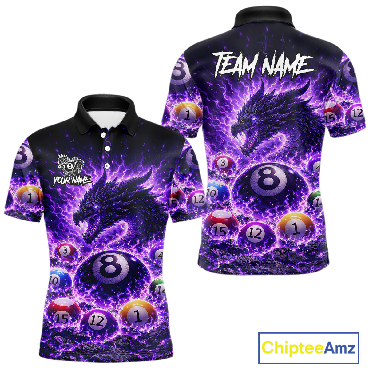 Purple Flaming Funny Dragon Pool 8 Ball Billiard Shirt For Men Custom Ball Billiard Team Attire NYN2611