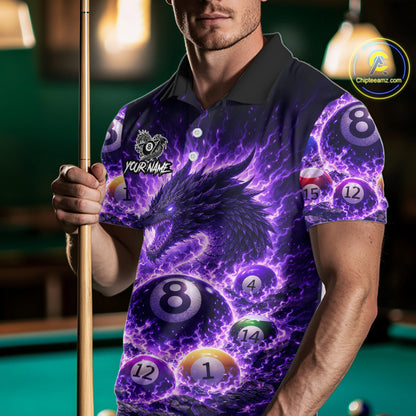 Purple Flaming Funny Dragon Pool 8 Ball Billiard Shirt For Men Custom Ball Billiard Team Attire NYN2611