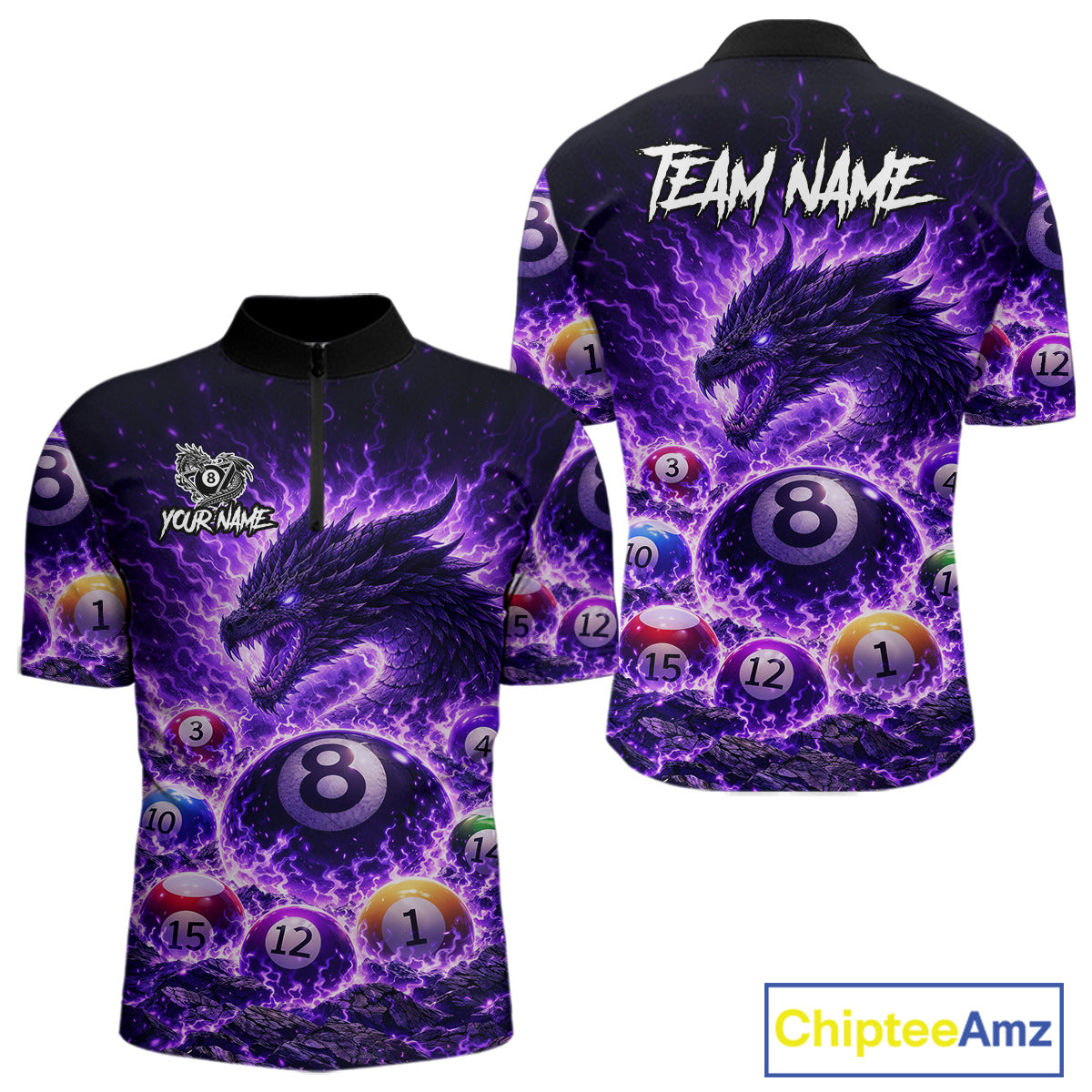 Purple Flaming Funny Dragon Pool 8 Ball Billiard Shirt For Men Custom Ball Billiard Team Attire NYN2611
