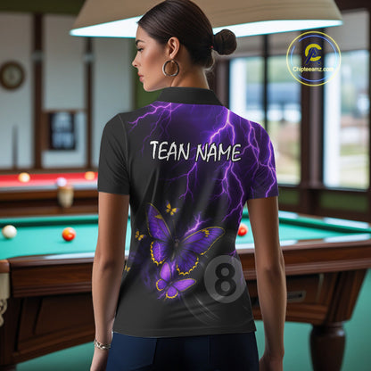 Female billiard player wearing custom neon butterfly 8 ball quarter-zip jersey during tournament, representing confidence, transformation, precision and elite competitive performance