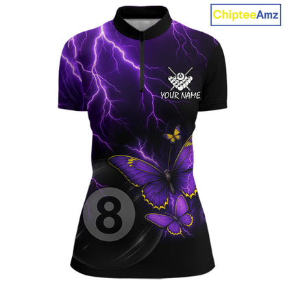 Women's quarter-zip billiard jersey with glowing neon butterflies, purple lightning and 8 ball design, personalized performance apparel for APA, BCA tournaments, pool teams and esports-inspired style.