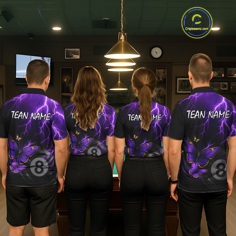 Men women billiard team wearing matching neon butterfly jerseys for APA league, BCA tournament and team competition, representing unity, transformation, confidence and championship spirit.