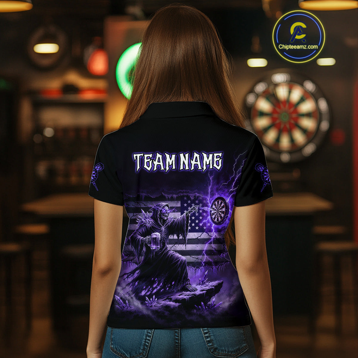 Custom Lightning Purple Grim Reaper Beer Funny Women Darts Polo Shirt US Flag Dart Jerseys NYN1837