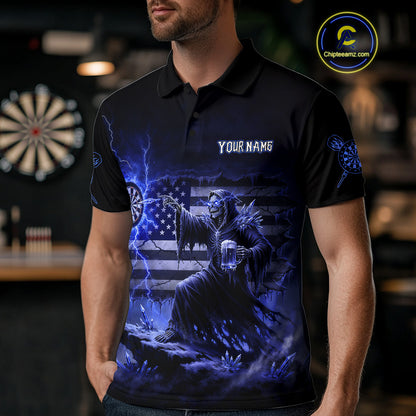 Custom Lightning Blue Grim Reaper Beer Funny Men Darts Polo Shirt US Flag Dart Jerseys NYN1838