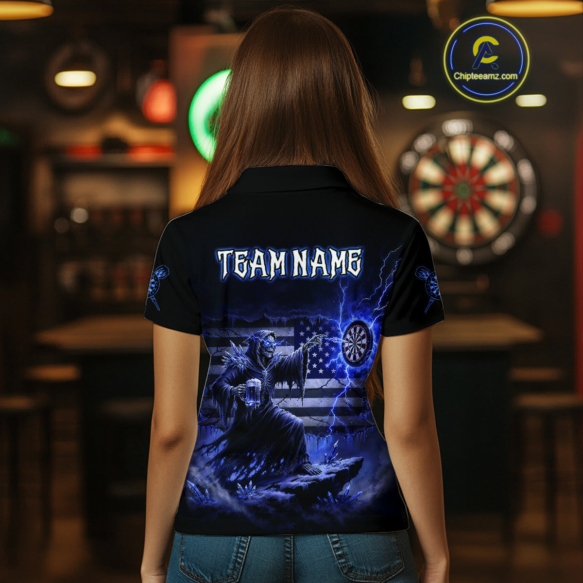Custom Lightning Blue Grim Reaper Beer Funny Women Darts Polo Shirt US Flag Dart Jerseys NYN1838