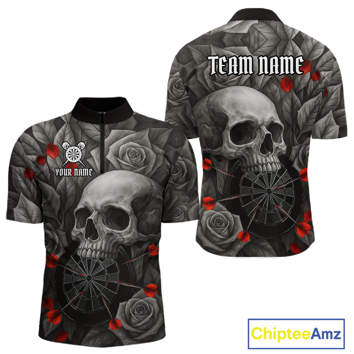 Custom Red Grey Roses Skull Dartboard Dart Men 1/4-Zip Shirt Outfits Dart Team Jerseys NYN1560