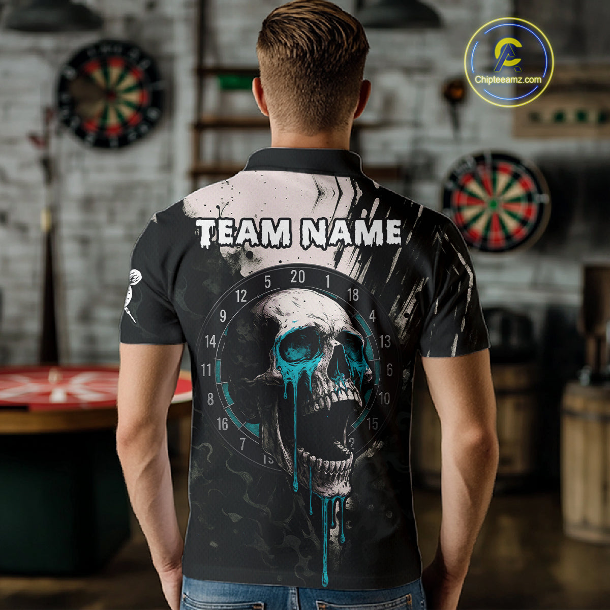 Custom Black Turquoise Dripping Skull Dartboard Dart Men Polo Shirt Grunge Dart Jerseys NYN1564