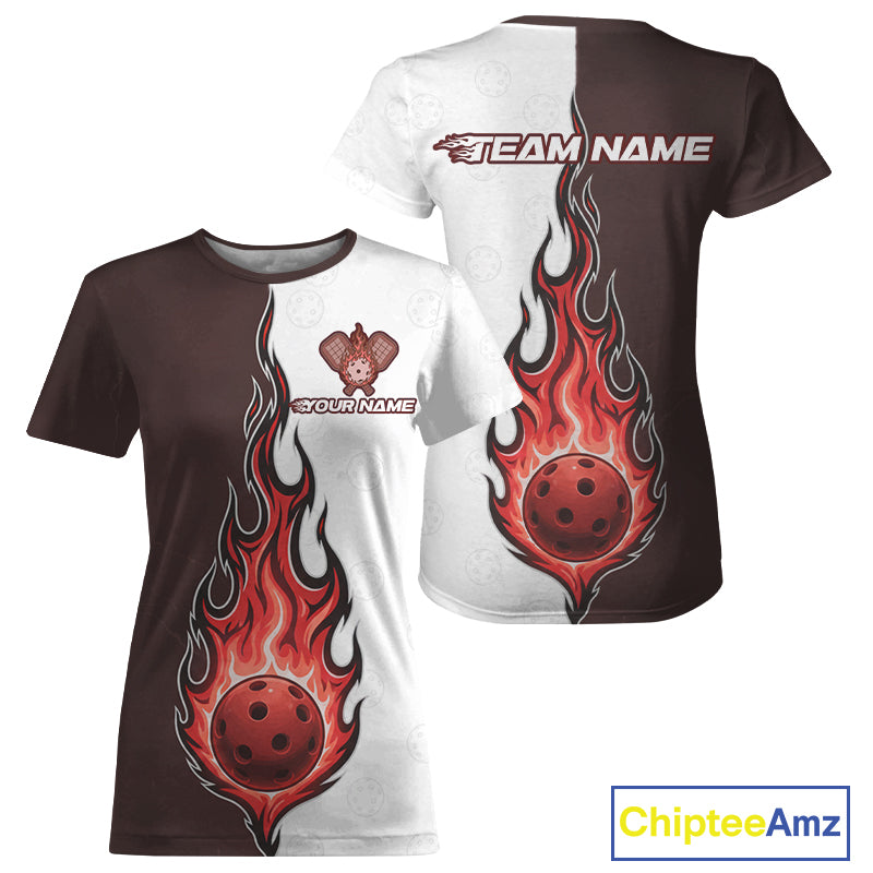 Custom White And Red Flames Pickleball Ball T-Shirt Women's Pickleball Jersey NYN1879