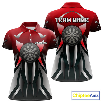 Red And Gradient Silver Darts Polo & 1/4-Zip Shirt For Women Custom Name Dart Jersey For Darters NYN3003
