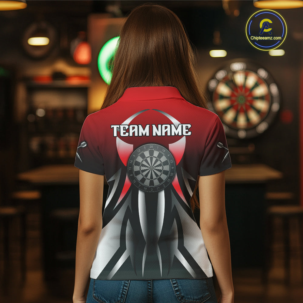 Red And Gradient Silver Darts Polo & 1/4-Zip Shirt For Women Custom Name Dart Jersey For Darters NYN3003