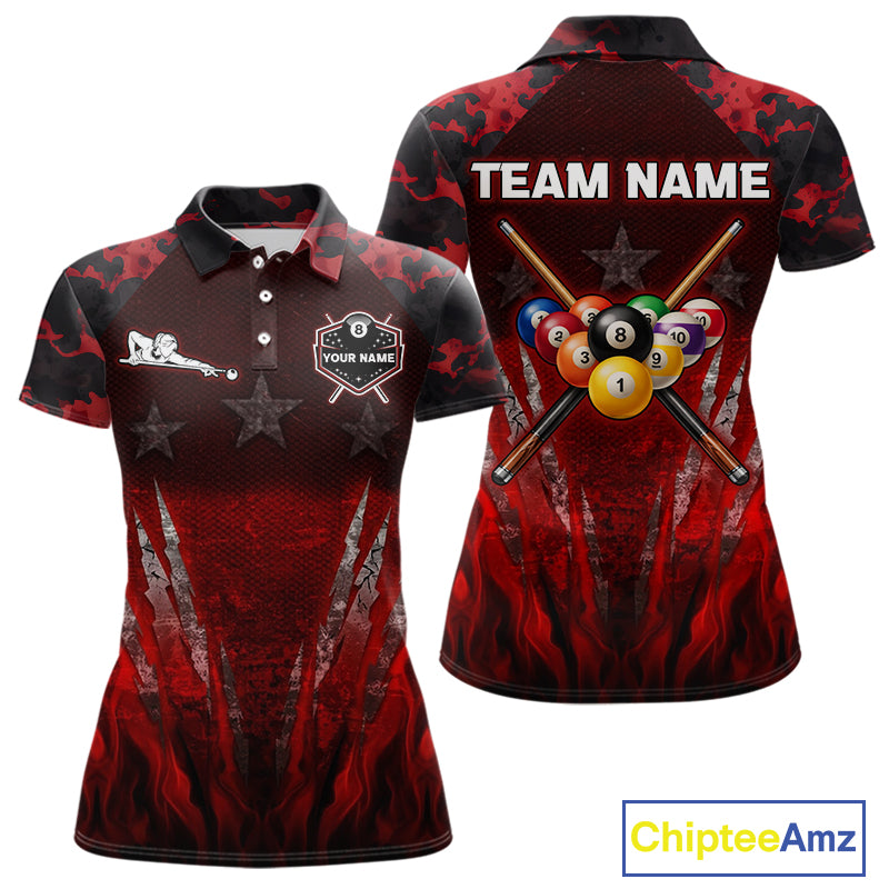 Personalized Gunge 8 Ball Pool Billiard Polo & 1/4 Zip For Women Custom Red Camoflage Billiard Attire NYN3017