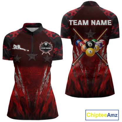 Personalized Gunge 8 Ball Pool Billiard Polo & 1/4 Zip For Women Custom Red Camoflage Billiard Attire NYN3017