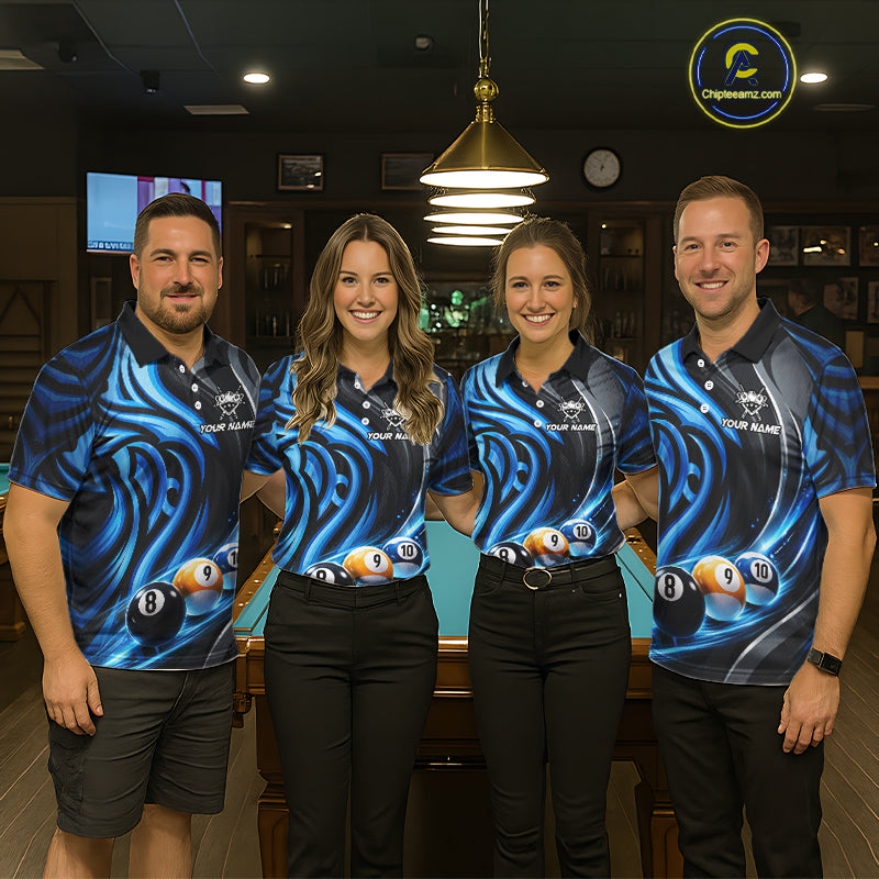 Black And Blue Tribal Light 8 Ball Pool Men Polo & 1/4-Zip Shirt Custom Billiards Ball Jerseys NYN2430