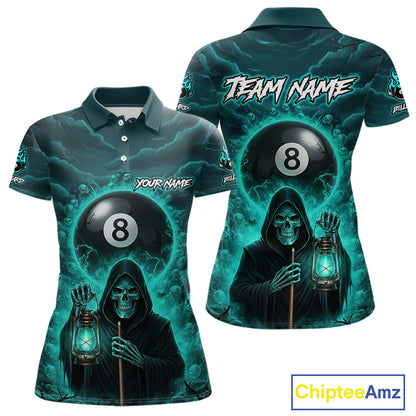 Teal Thunder Grim Reaper 8 Ball Pool Women Polo & 1/4-Zip Shirt Custom Billiard Ball & Cue Gifts NYN2436