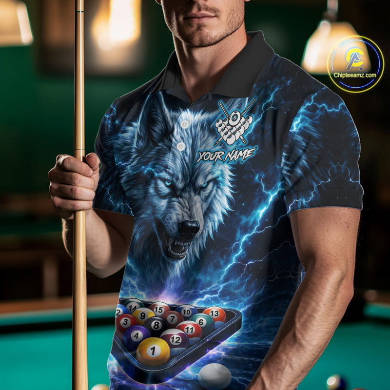 Custom Blue Horror Wolf Billiard Shirts For Men Thunder Lightning Billiard Team League Jerseys NYN3014