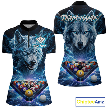 Custom Blue Horror Wolf Billiard Shirts For Women Thunder Lightning Billiard Team League Jerseys NYN3014