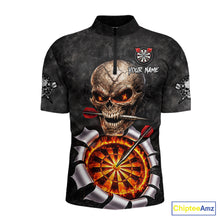 Load image into Gallery viewer, Custom Smoke Grunge Skull Torn Fire Flame Darts Polo &amp; Quarter-Zip Shirts For Men Dart Team Jerseys NYN2822